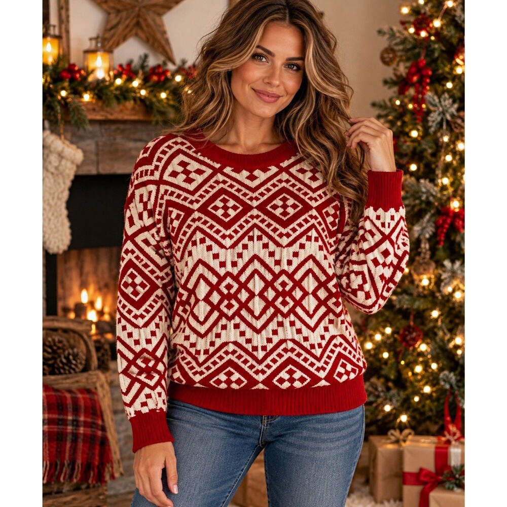 Gianni Bini Red White Geometric Tight-Knit Crew Neck Pullover Sweater L